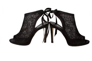 LETTO Rich Black Lace Satin Ribbon Open Toe Sandal | Zerga Shoes