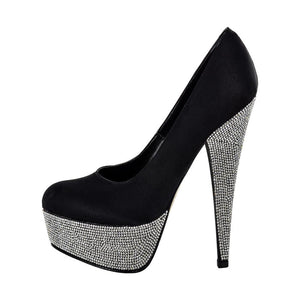 Hedla Black Sateen Rhinestone Shoes (Side View)